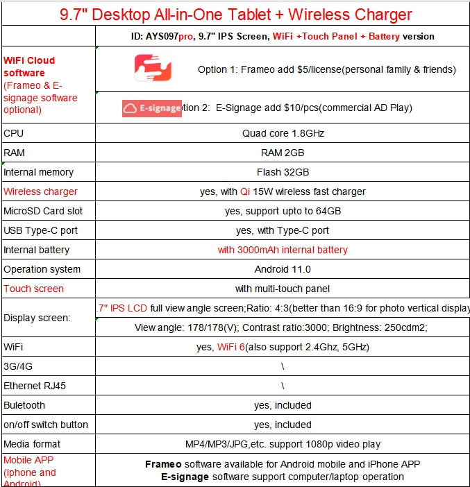 9.7" Desktop LCD Player Digital Photo Frame with Wireless Charger Video Play Android WiFi Cloud Version+Touch panel